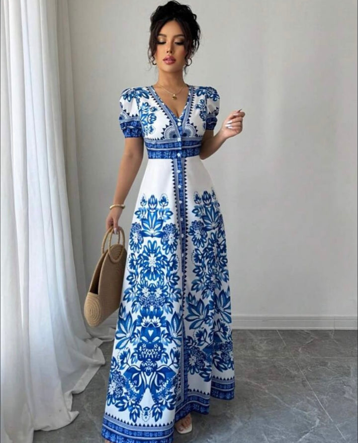 Elenzga New Design Women's Blue & White Woven Positioned Floral Print V-Neck Puff Sleeve Waist Cinched Floral Print Elegant Midi Dress, Flattering, Sophisticated Middle East Style