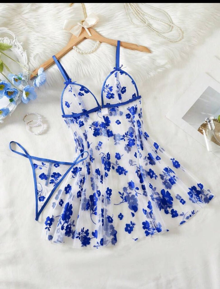 2pcs Women Sexy Floral Print Mesh Front-Closure Pajama Set, Sensual Lingerie Set For Valentine's Day, Date Night, Holiday Parties