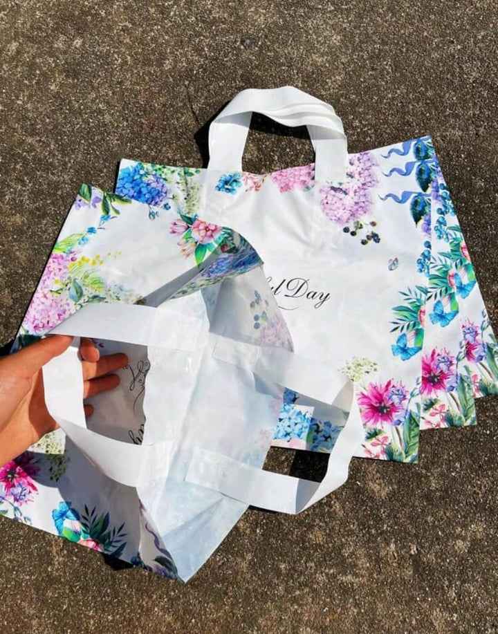 10pcs Blue Flower And Bird Style Tote Bag, Beautiful Day Printed Shopping Plastic Bags, Dress Gift Item Package For Party Event Valentine Day