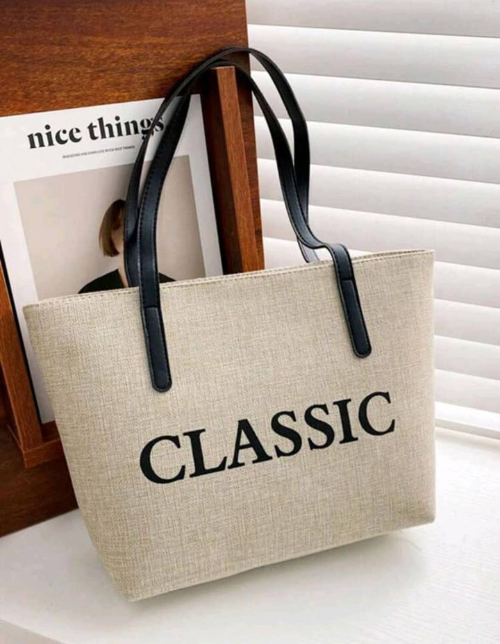 1pc Beige Nylon Smooth Zipper Letter Print Tote Bag, Fashion Versatile Casual Commuter Tote Handbag, Suitable For Ladies' Daily Use