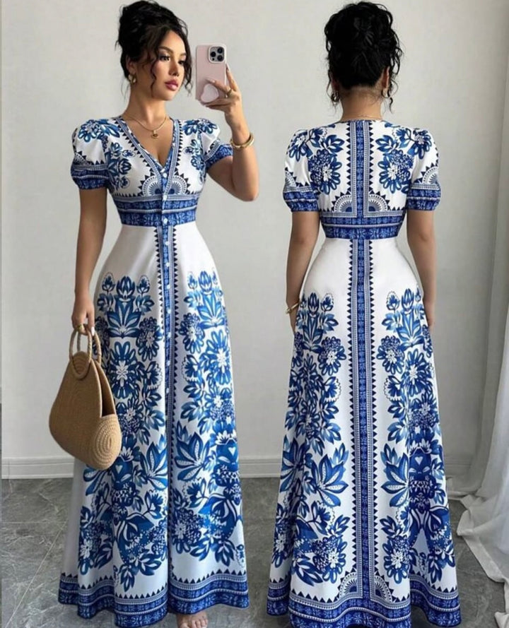 Elenzga New Design Women's Blue & White Woven Positioned Floral Print V-Neck Puff Sleeve Waist Cinched Floral Print Elegant Midi Dress, Flattering, Sophisticated Middle East Style