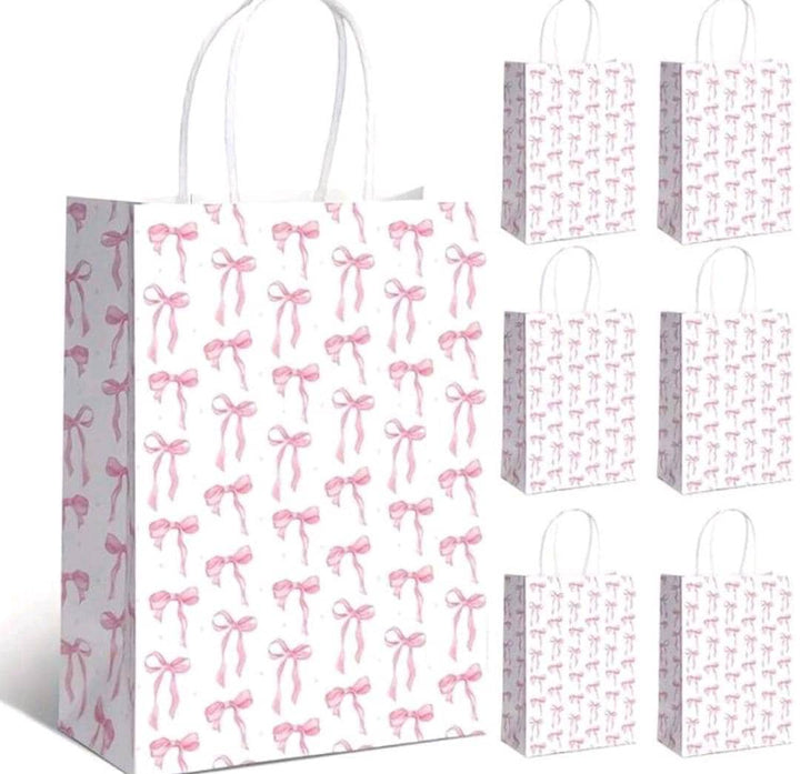 12 Packs Pink Bow Gift Bag With Handle, Paper Material, Universal Bow Pattern, Suitable For Valentine's Day, Wedding, Birthday, Party, Small Business Event, Storage Gift Bag, Party Gift Decoration Supplies