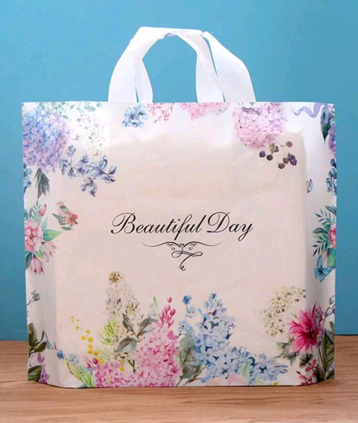 10pcs Blue Flower And Bird Style Tote Bag, Beautiful Day Printed Shopping Plastic Bags, Dress Gift Item Package For Party Event Valentine Day