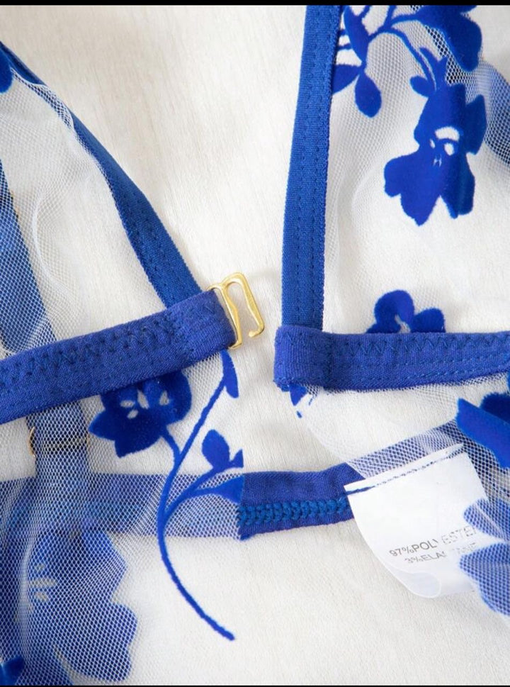 2pcs Women Sexy Floral Print Mesh Front-Closure Pajama Set, Sensual Lingerie Set For Valentine's Day, Date Night, Holiday Parties