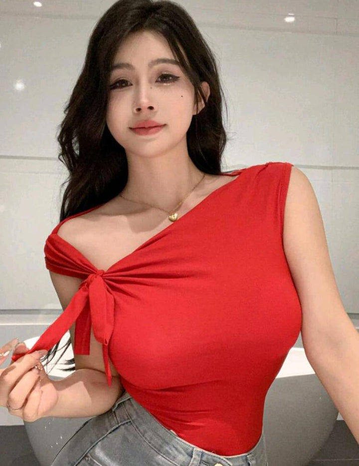DAZY Asymmetrical Shoulder Tie-Up Short Sleeve Slim Fit Tee For Women Summer,Crop Tops Women
