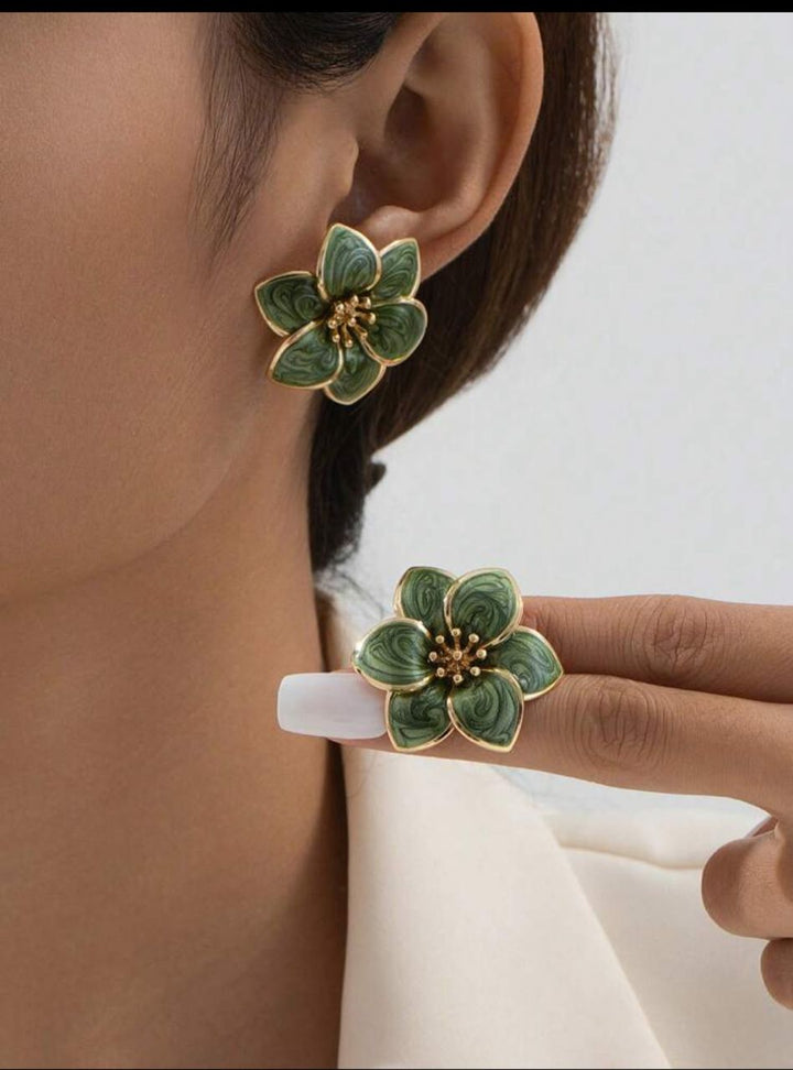 1 Pair Handmade Cute Floral Dangle Earrings, Green Layered Flower Design, Suitable For Dates And Vacations